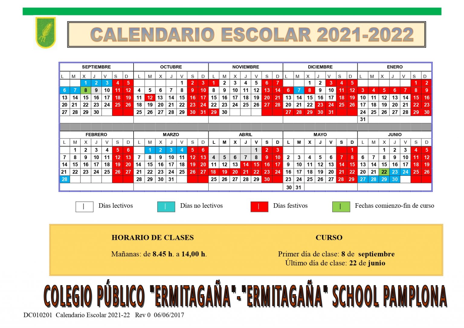 Calendario Escolar Curso 2021 2022 Colegio Público Ermitagaña School 6861